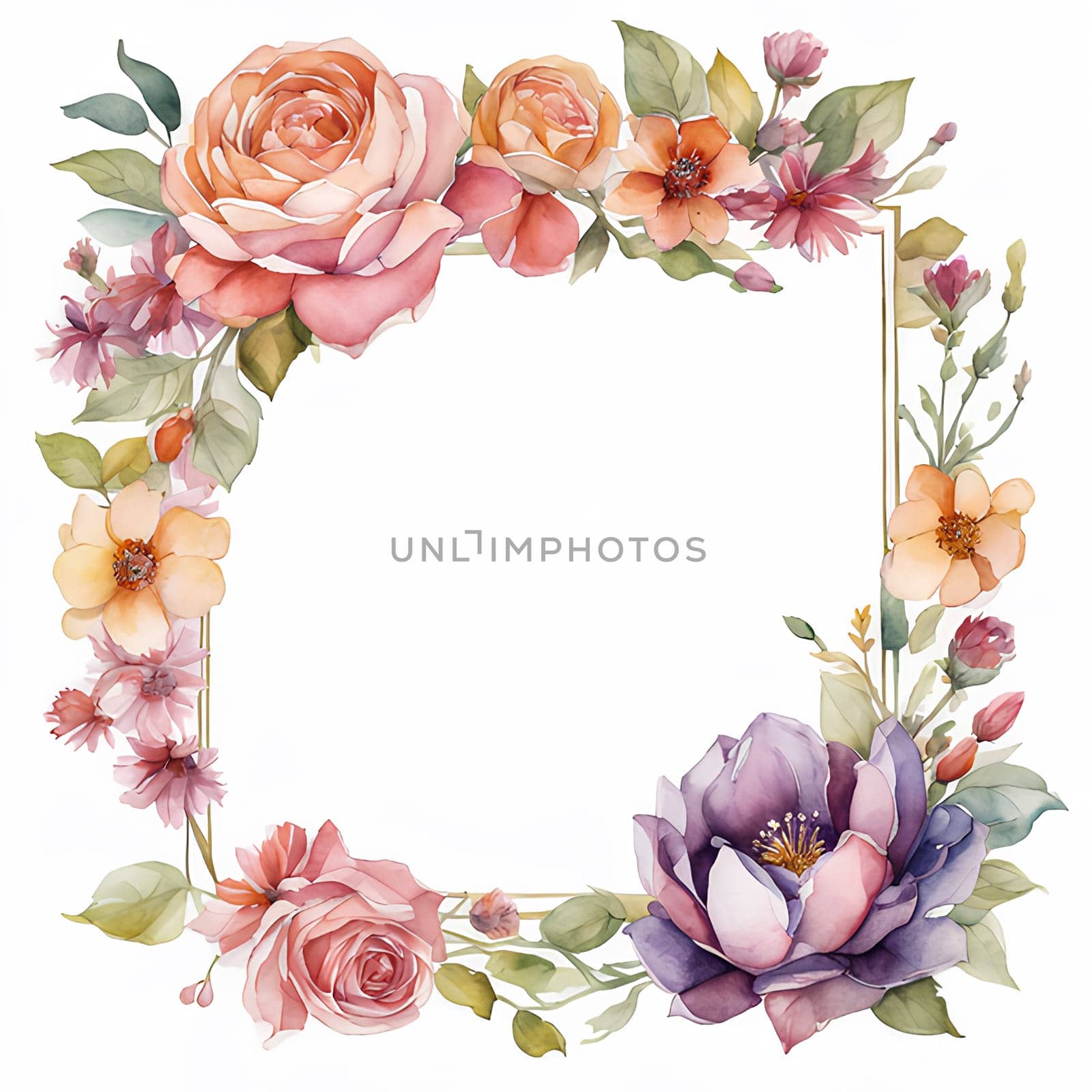 Framing flowers on white background with copy space, watercolor illustration