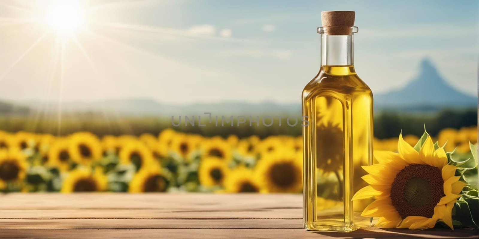 Transparent bottle of oil stands on a wooden table on of a field of sunflowers at background by Annu1tochka