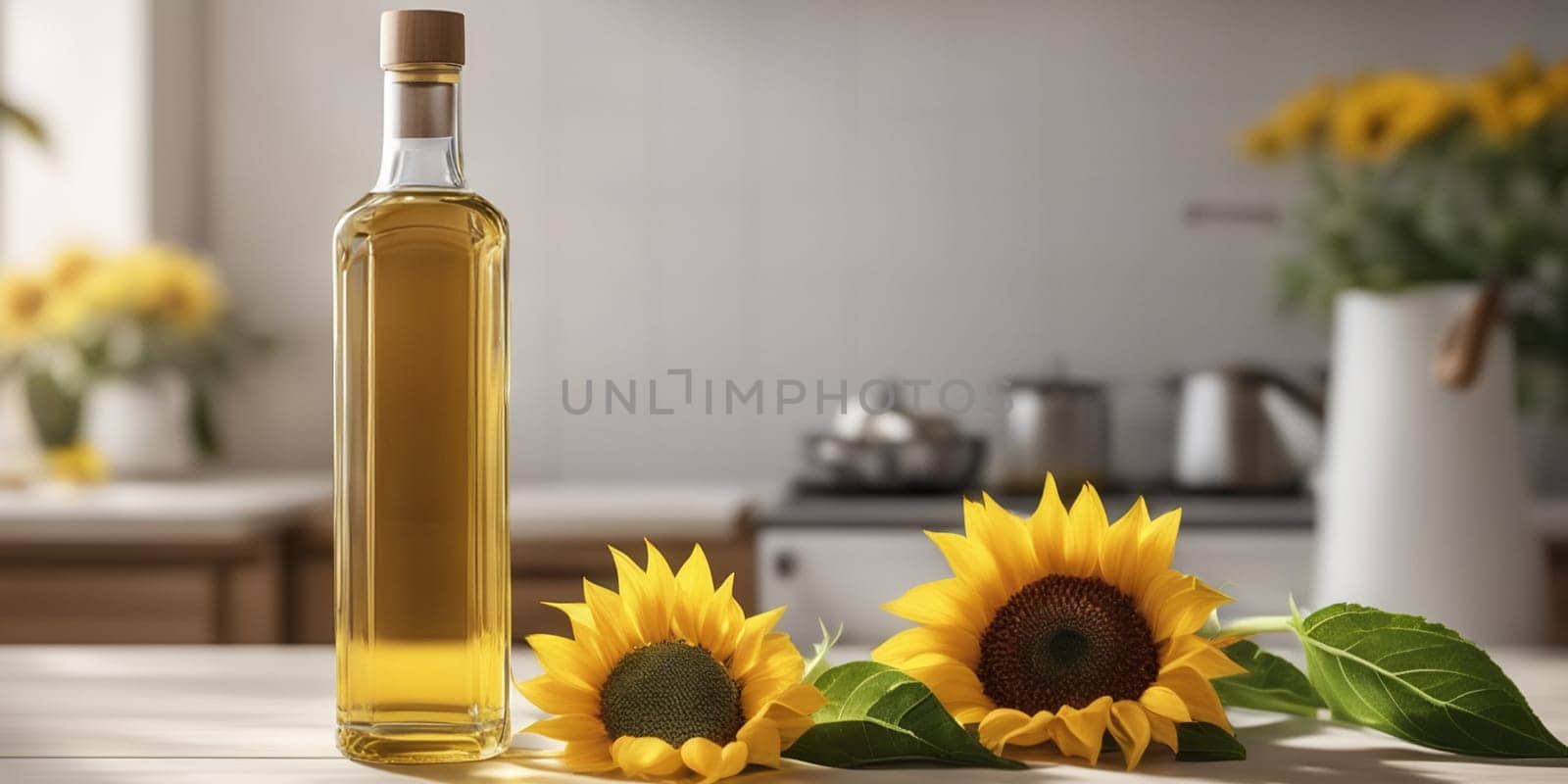 Bottle of sunflower oil in the white light kitchen with wooden facades and appliances
