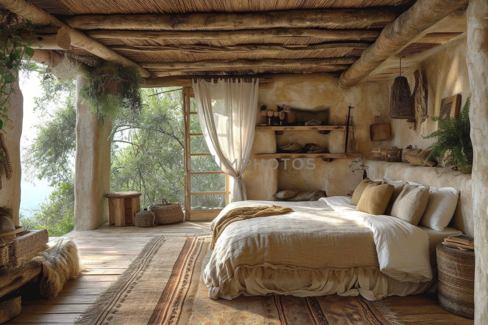 Creative interior of a bedroom in a country house.