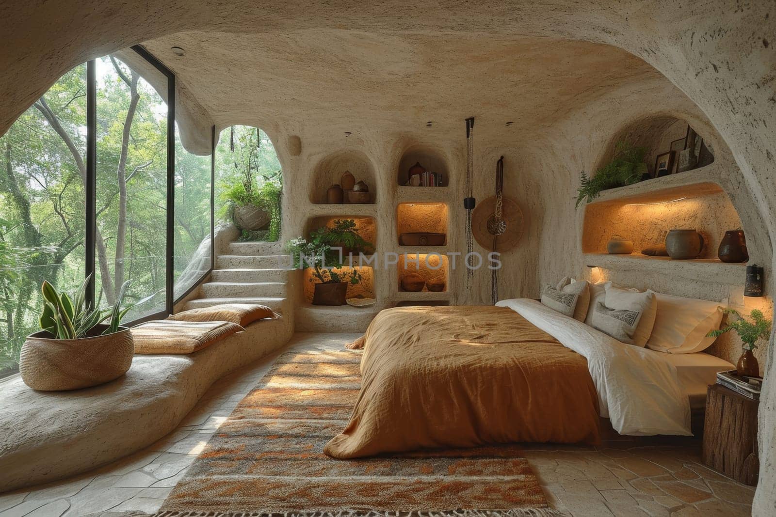 Creative interior of a bedroom in a country house.