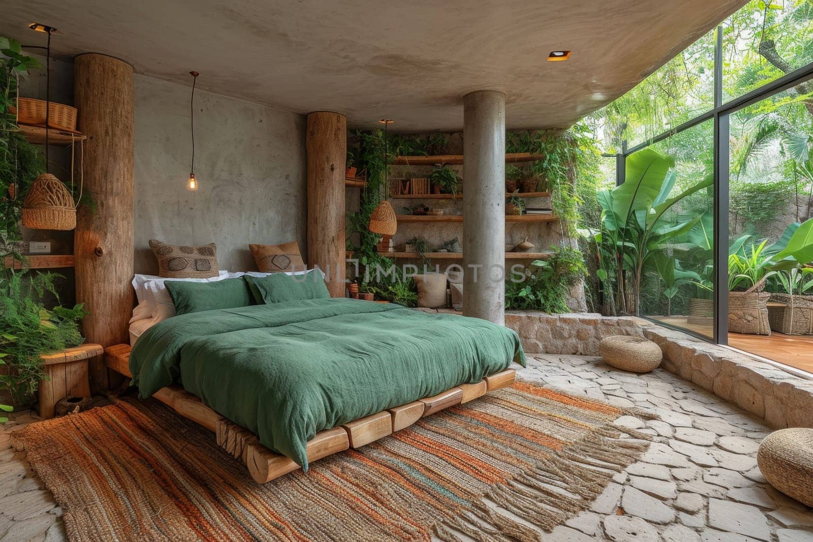 Creative interior of a bedroom in a country house.