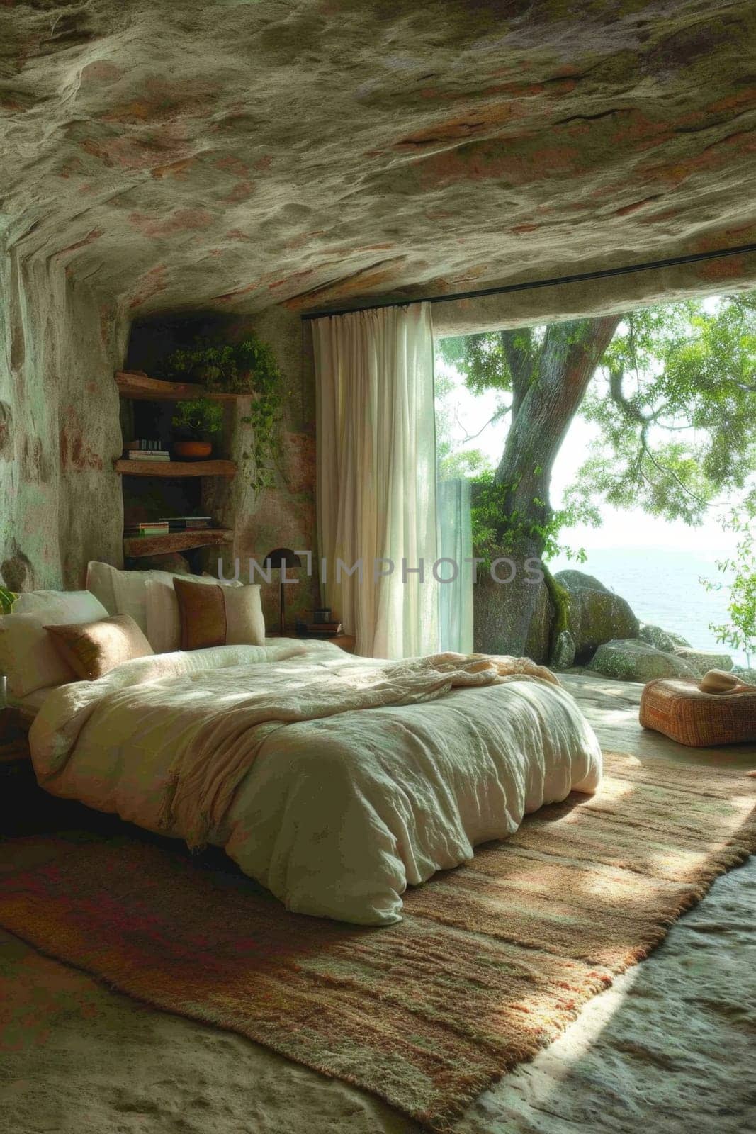 Creative interior of a bedroom in a country house.