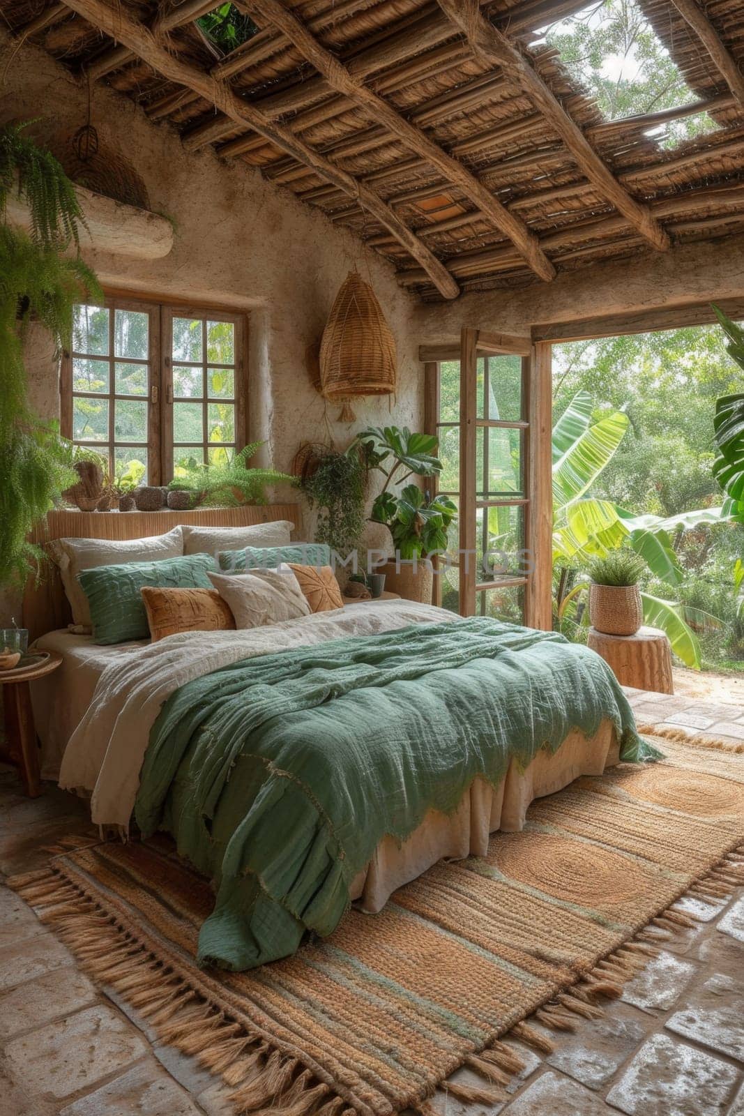 Creative interior of a bedroom in a country house.