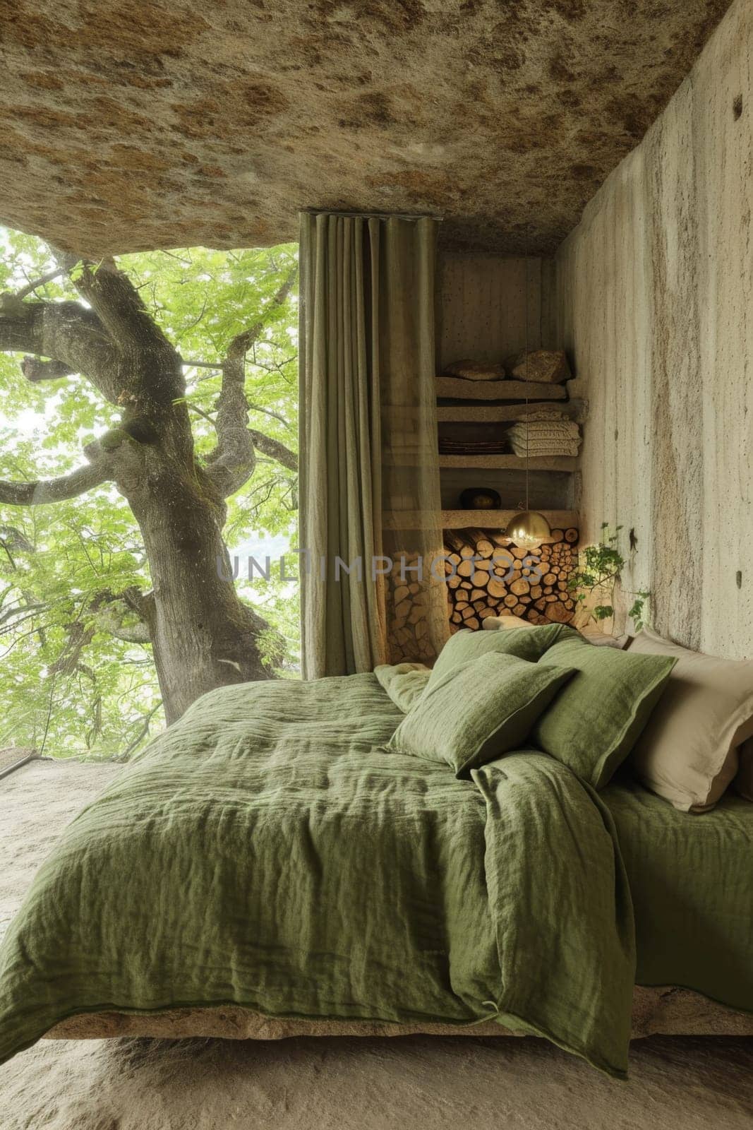 Creative interior of a bedroom in a country house.