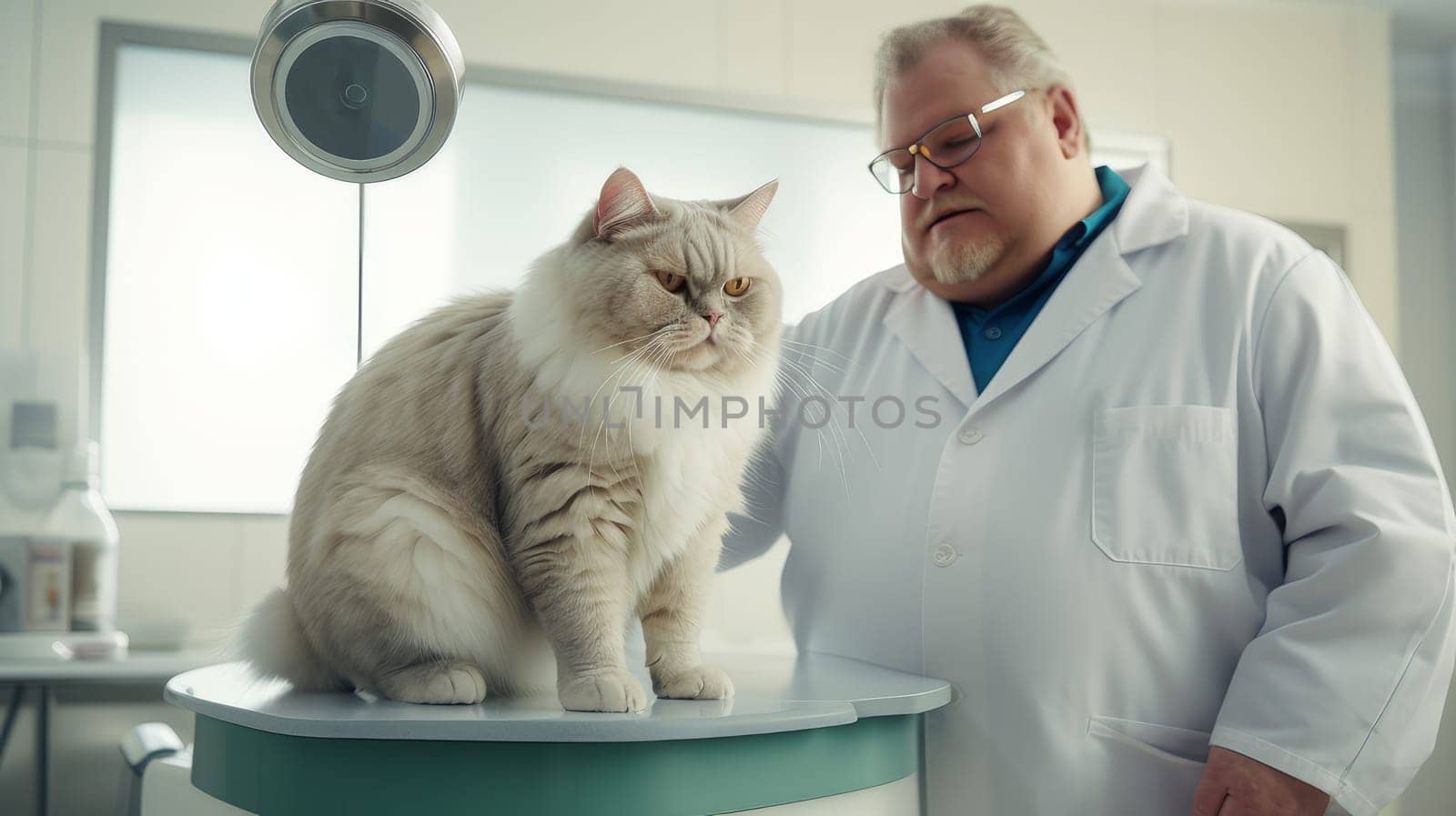 A large, fat, obese cat at a veterinarian's appointment in a clinic. Concept of care and concern for pets and obesity by Alla_Yurtayeva
