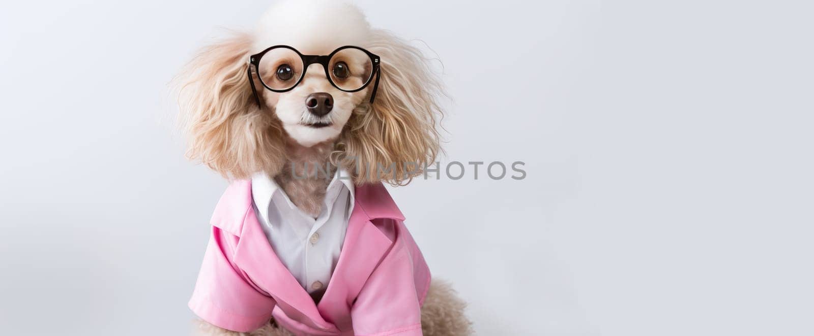 A dog wearing glasses, a stethoscope and a pink doctor's suit on a white background. Pet care and grooming concept. Banner