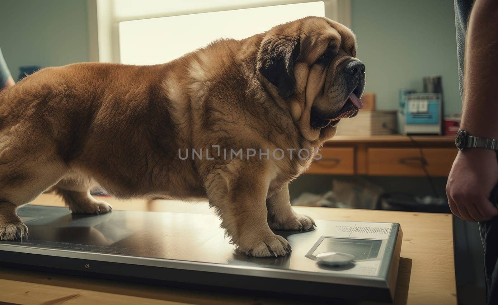 A large, fat, obese dog at a veterinarian's appointment in a clinic. Concept of care and concern for pets and obesity by Alla_Yurtayeva