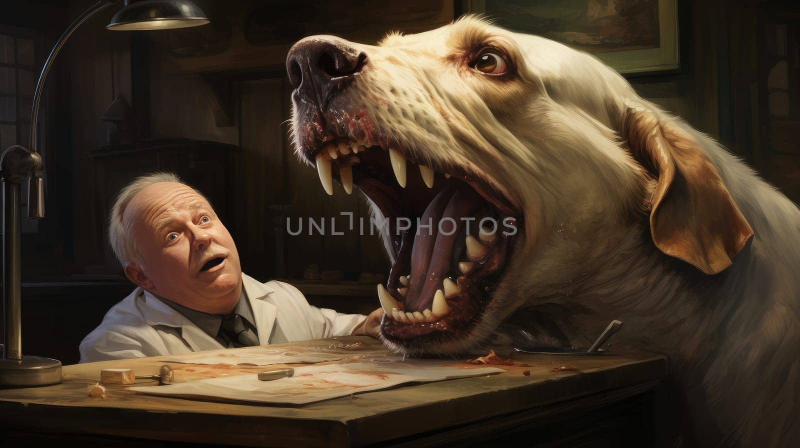 Veterinarian doctor and dog are scared or screaming with their mouths wide open in the clinic. Concept of care and care for pets