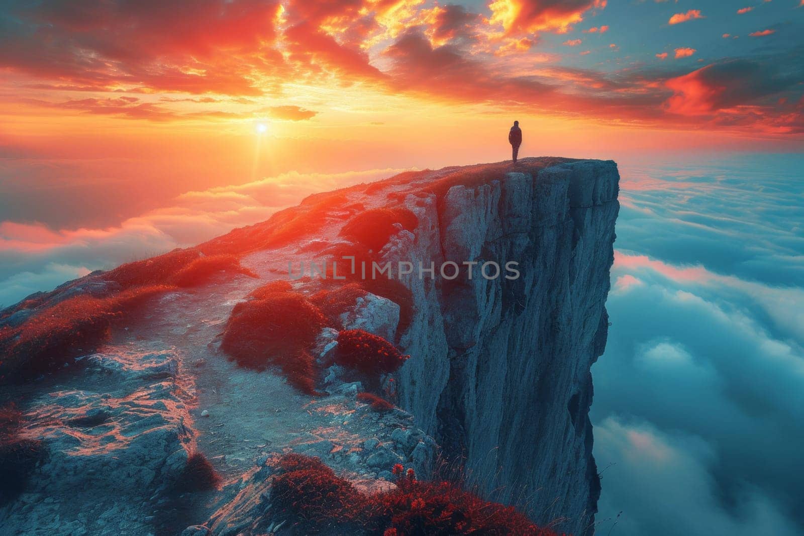 A man standing on top of a mountain. A conceptual photo composition of goals and achievements by Lobachad