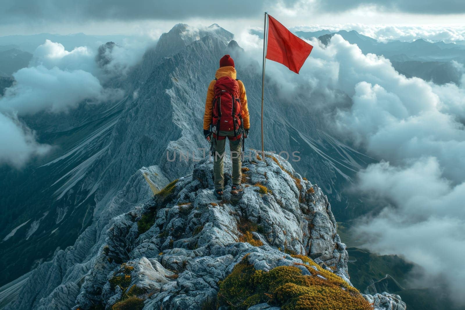 A man standing on top of a mountain. A conceptual photo composition of goals and achievements.