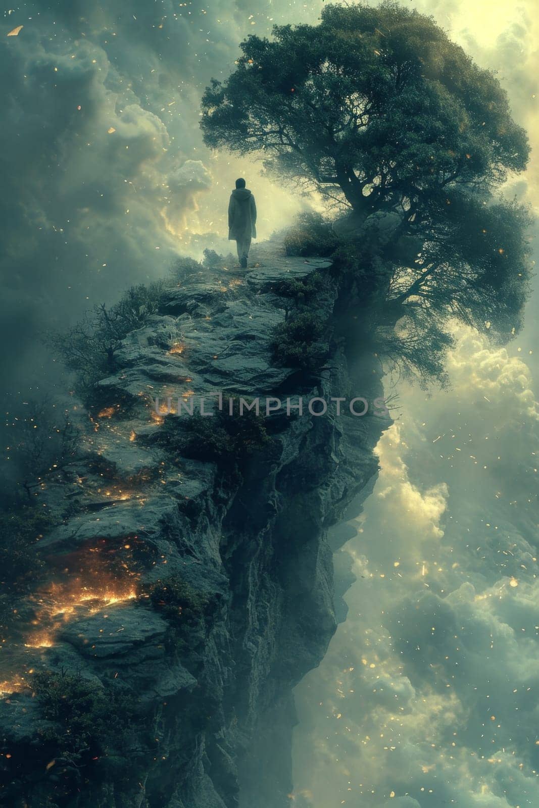 A man standing on top of a mountain. A conceptual photo composition of goals and achievements.