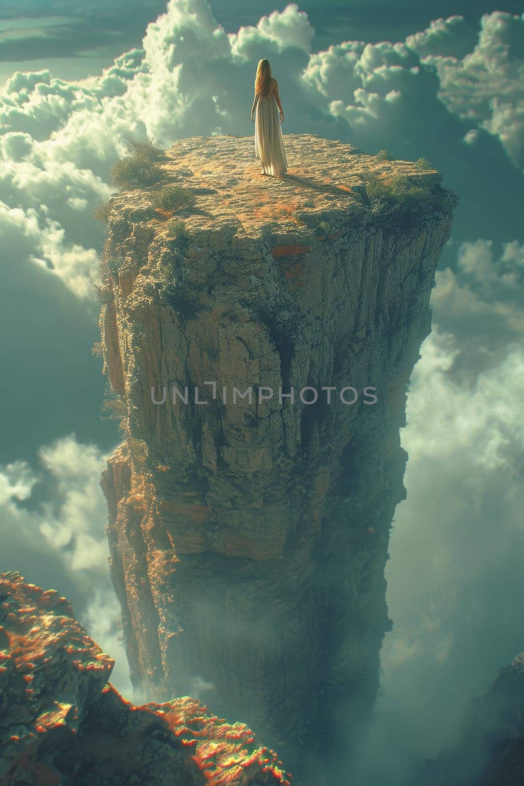 A man standing on top of a mountain. A conceptual photo composition of goals and achievements.