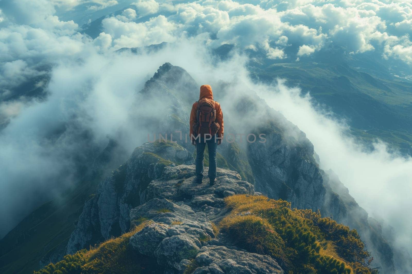 A man standing on top of a mountain. A conceptual photo composition of goals and achievements.