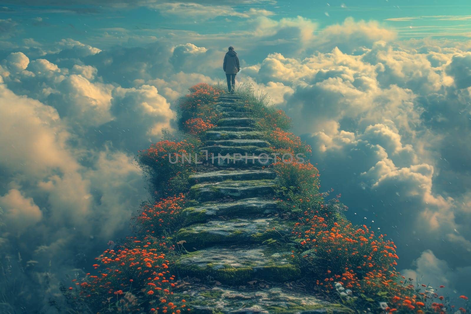 A man standing on top of a mountain. A conceptual photo composition of goals and achievements by Lobachad