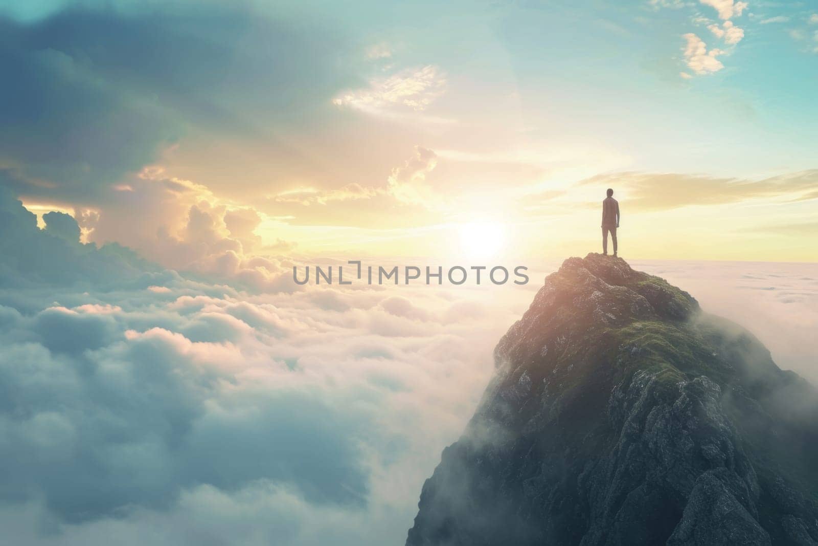 A man standing on top of a mountain. A conceptual photo composition of goals and achievements.