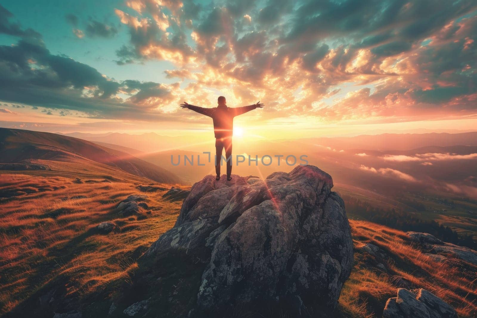 A man standing on top of a mountain. A conceptual photo composition of goals and achievements.