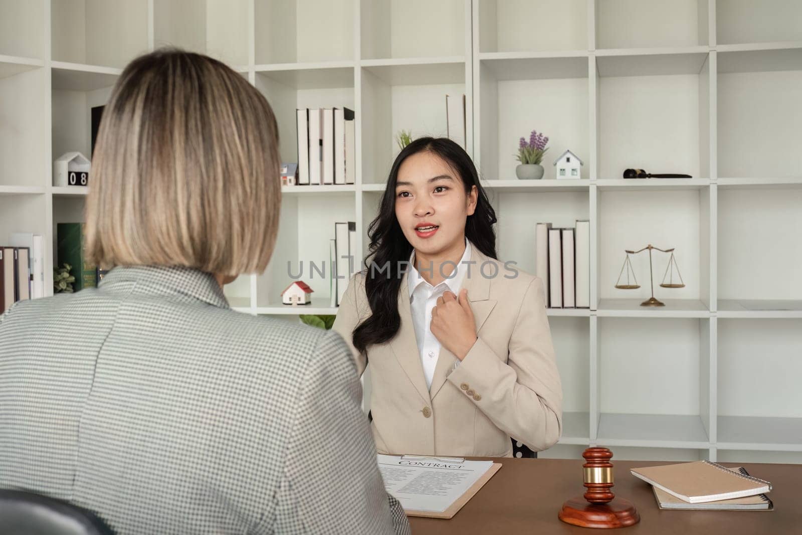 A young lawyer and businesswoman are discussing legal advice on signing a business contract. Insurance or financial contract signing.