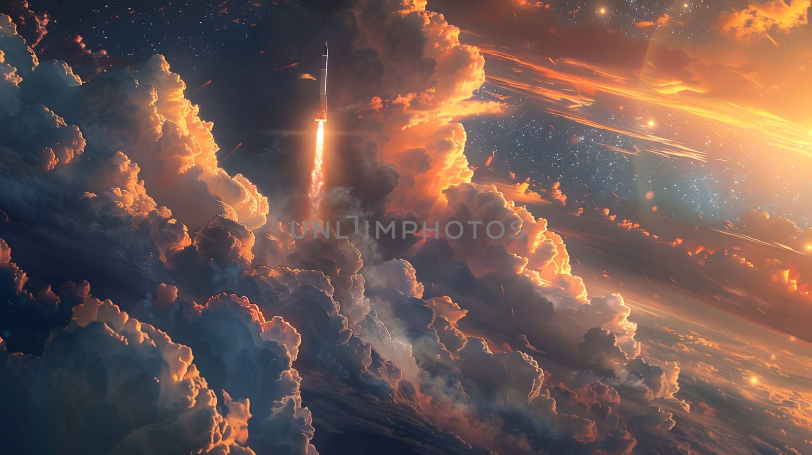 A rocket soars through the cumulus clouds in the afterglow of the sunset by Nadtochiy