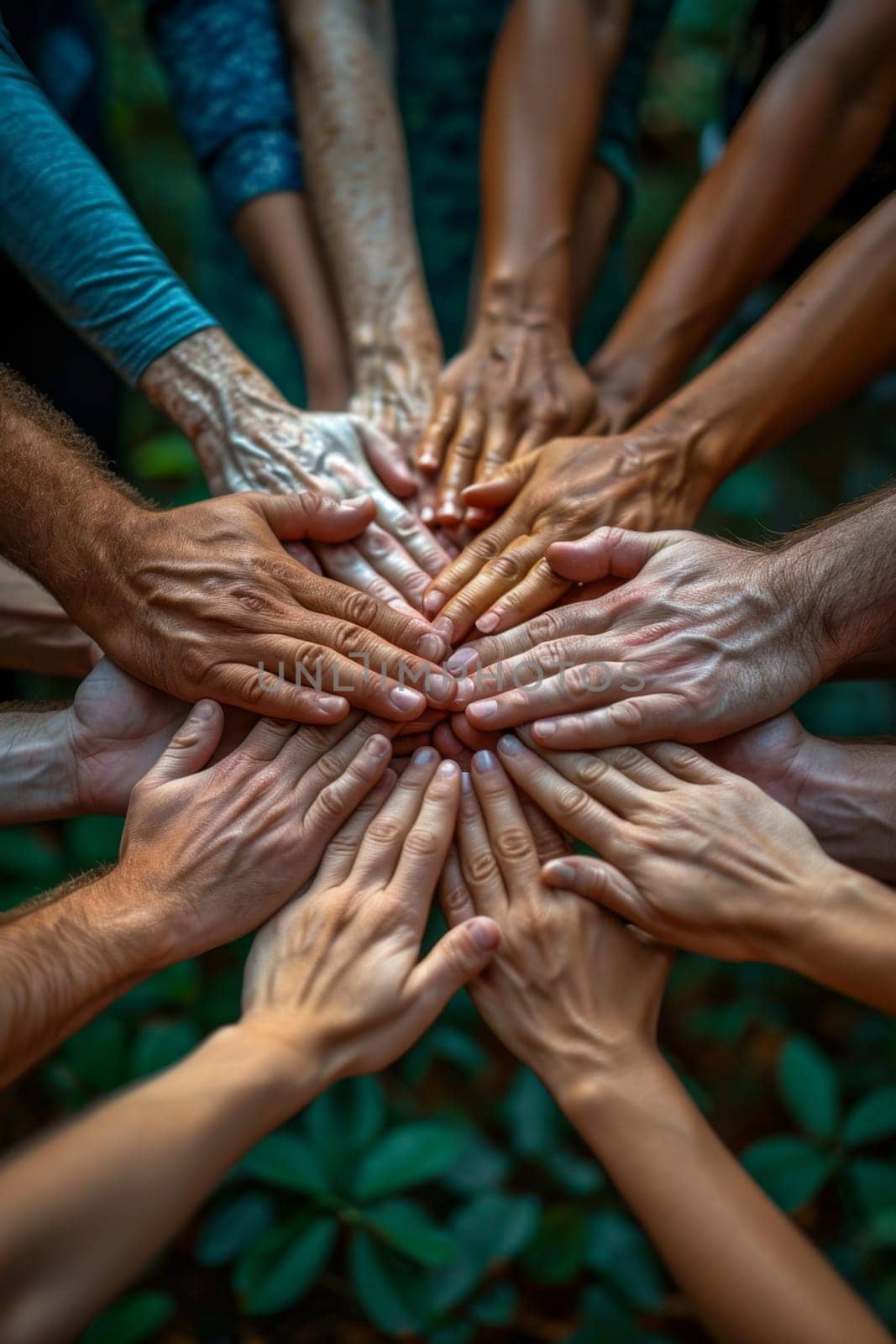 The concept of teamwork, cohesion and cooperation. Close-up of a lot of people's hands by Lobachad