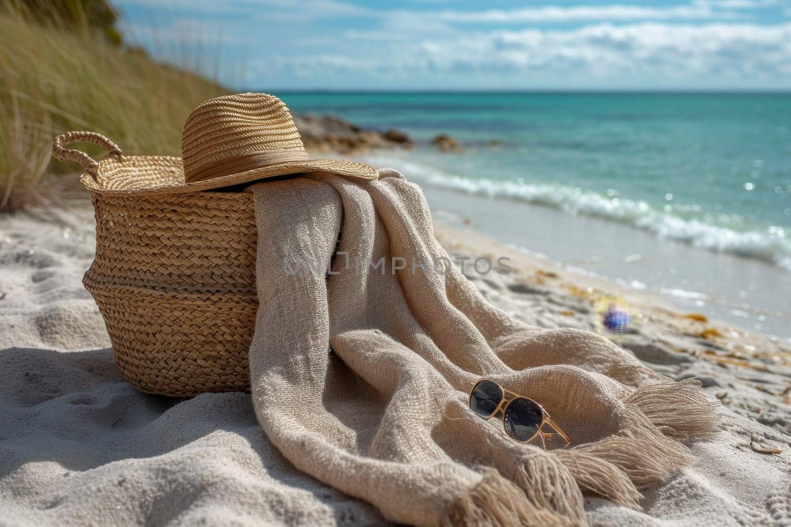 Straw hat, bag and sunglasses on a tropical beach by Lobachad