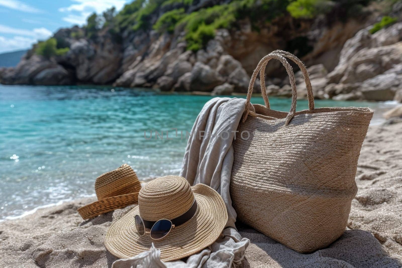 Straw hat, bag and sunglasses on a tropical beach by Lobachad