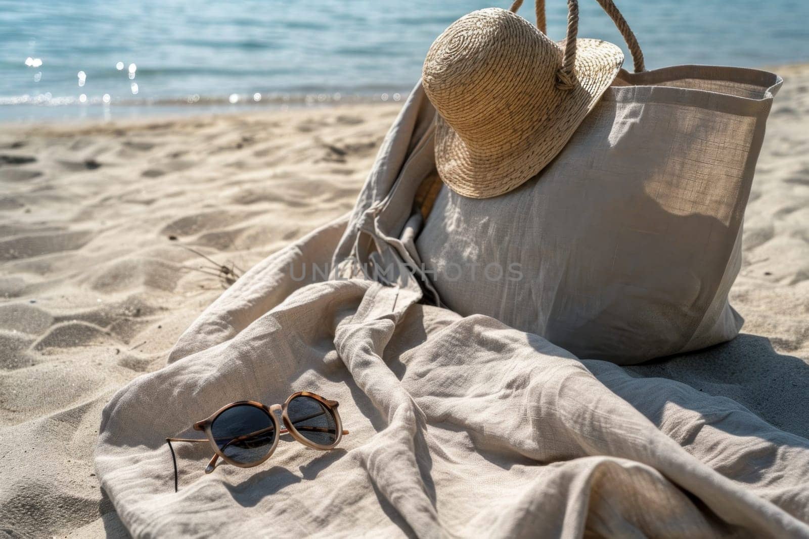 Straw hat, bag and sunglasses on a tropical beach by Lobachad