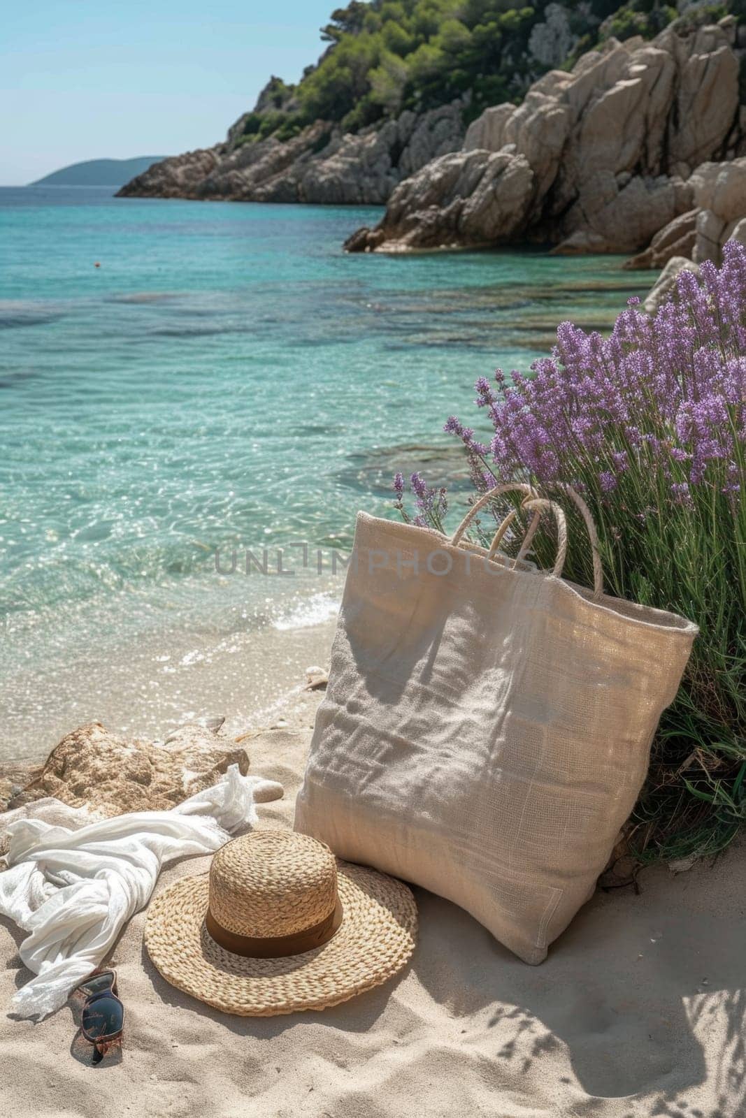 Straw hat, bag and sunglasses on a tropical beach by Lobachad