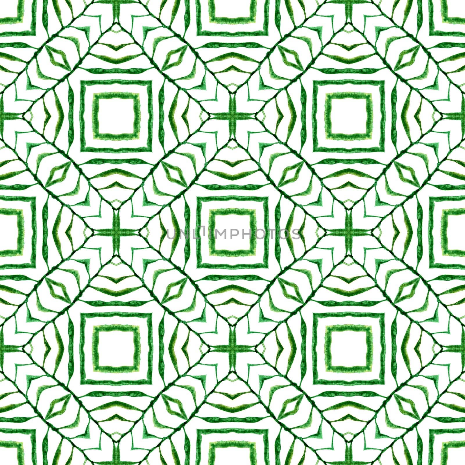 Textile ready shapely print, swimwear fabric, wallpaper, wrapping. Green pretty boho chic summer design. Green geometric chevron watercolor border. Chevron watercolor pattern.