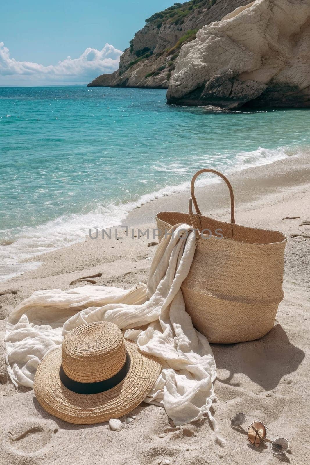 Straw hat, bag and sunglasses on a tropical beach.