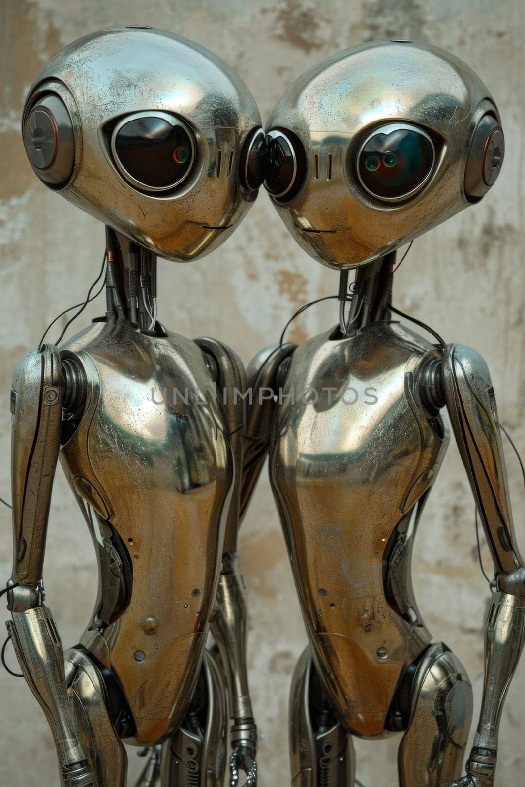 A futuristic romantic couple, a man and a woman are robots.