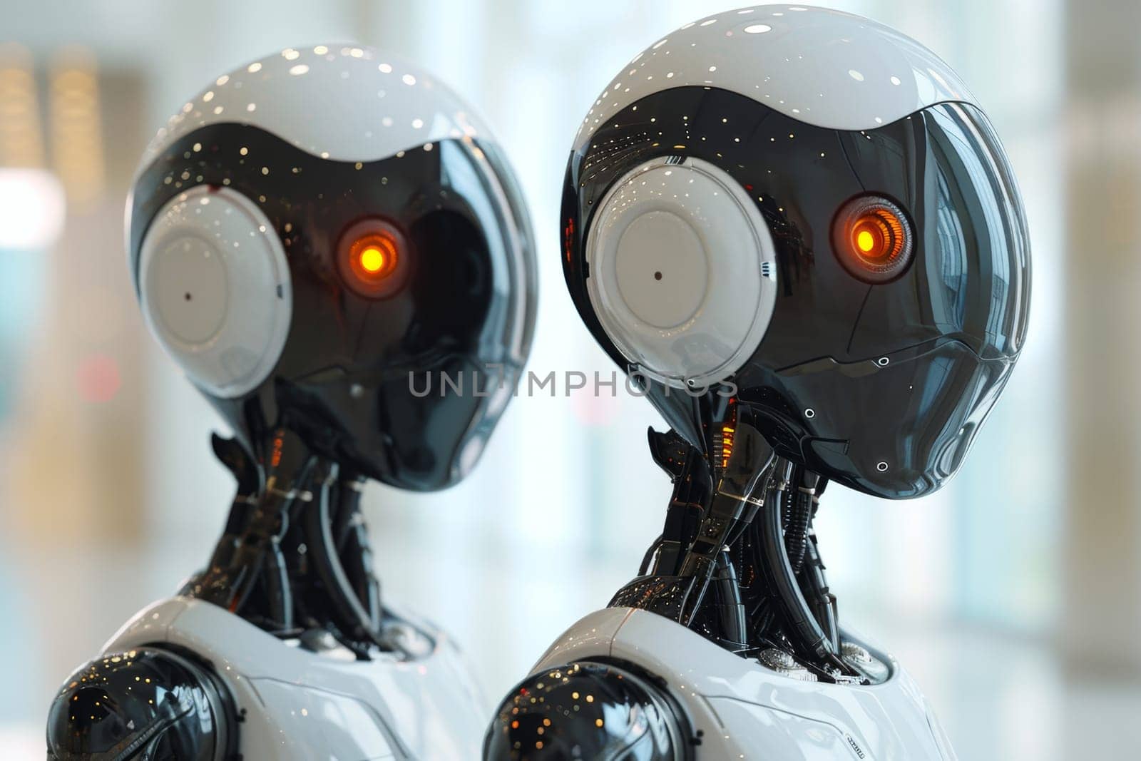 A futuristic romantic couple, a man and a woman are robots.
