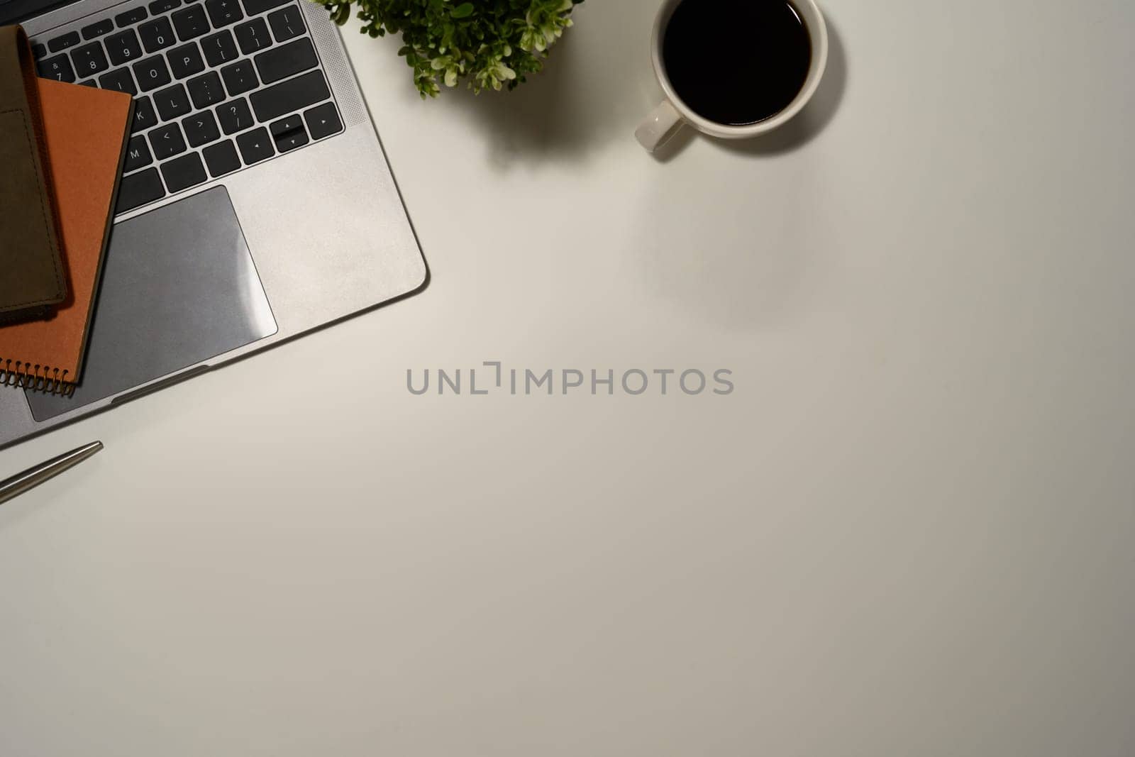 Top view laptop, books, potted plant and coffee mug on white office desk.