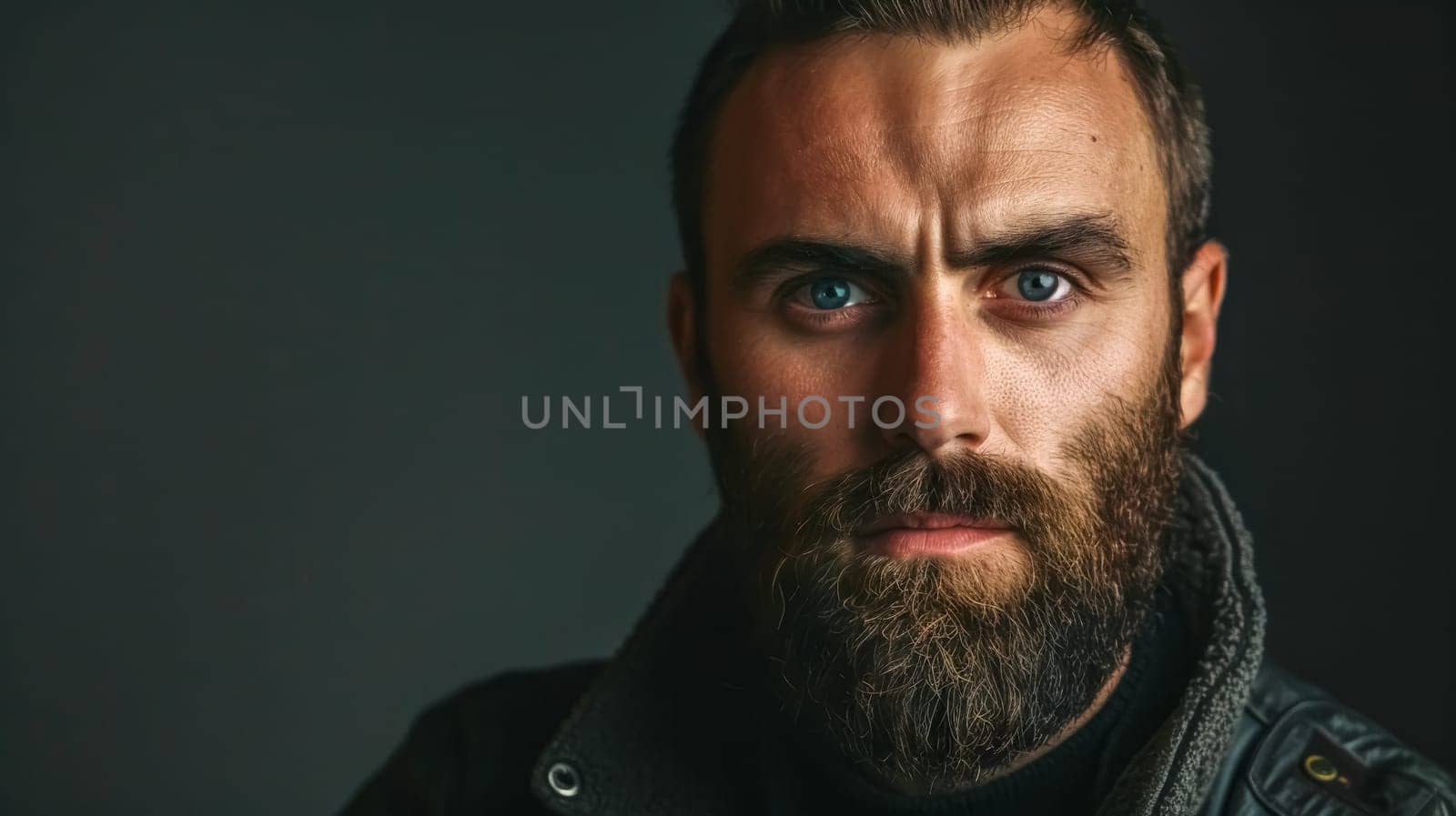Detailed close-up portrait of an intense, bearded, and contemplative caucasian man with a serious and powerful gaze, displaying a masculine and rugged expression, set against a dark background