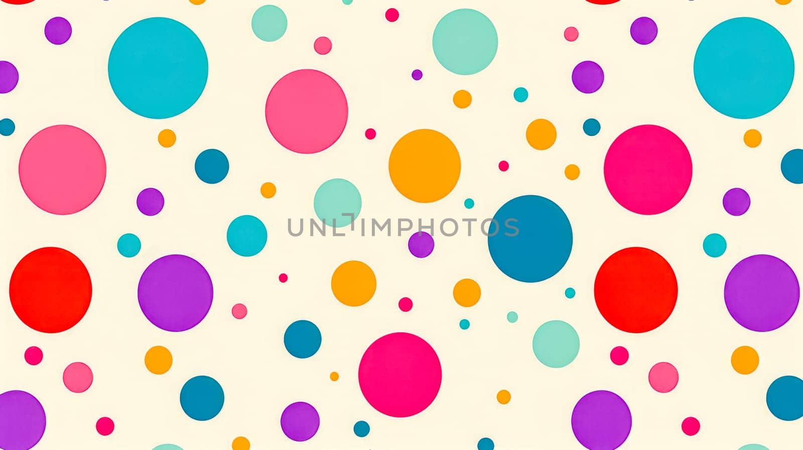 Vibrant and playful pattern of multicolored circles scattered on a light cream backdrop