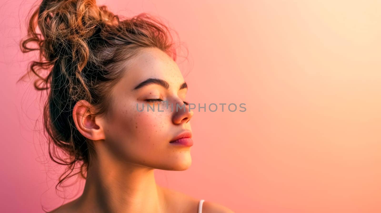 Young woman with freckles enjoys the gentle warmth of sunset light