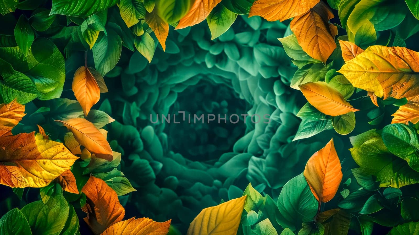 Magical tunnel vision created by lush foliage with vibrant autumnal leaves