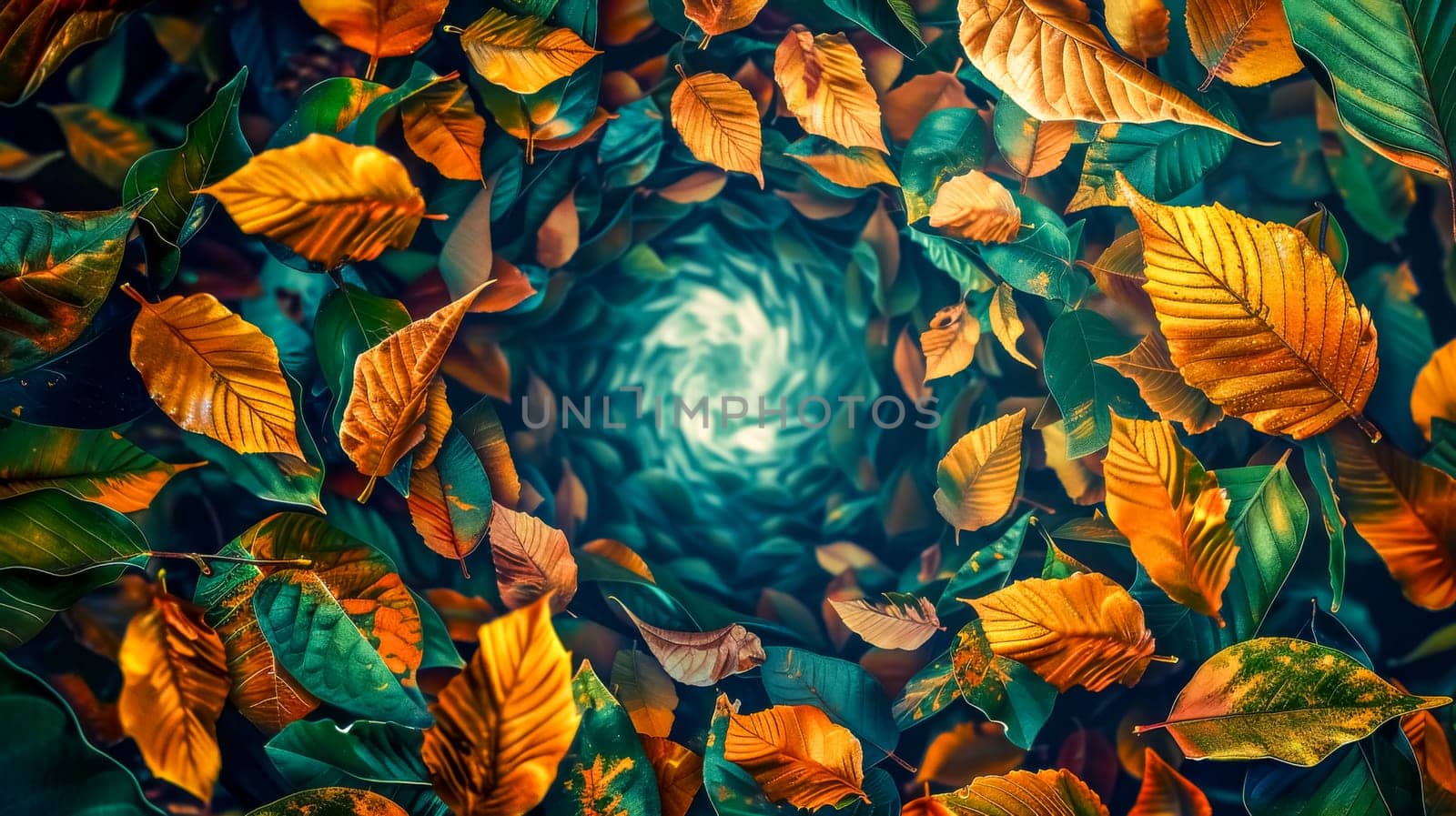 Creative top view of autumn leaves arranged in a swirl pattern on a nature backdrop