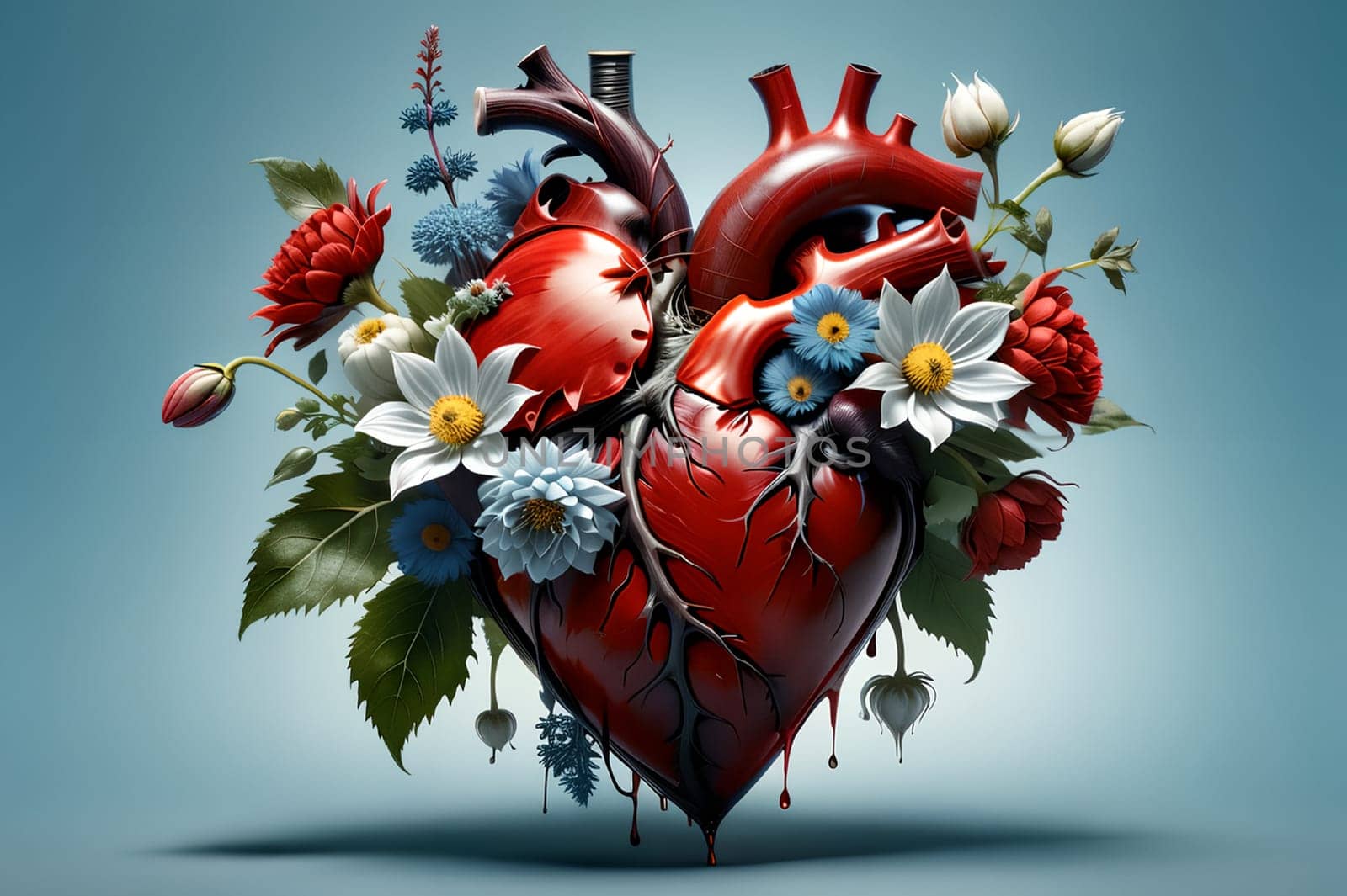 kind heart in flowers. AI generated image.