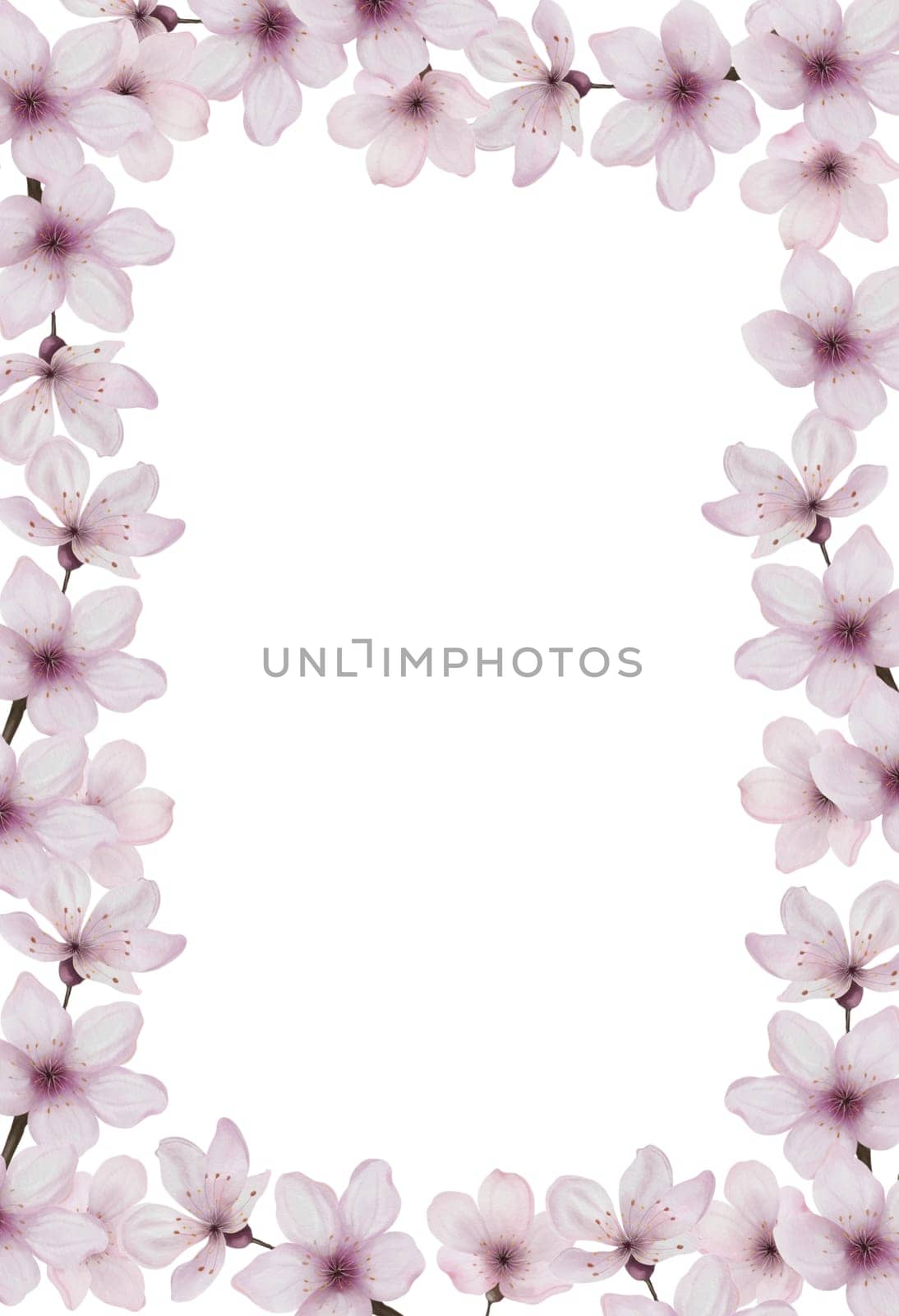 Cherry flowers watercolor. Flower frame of pink sakura isolated on a white background. Spring clip art botanical card. For invitation and banner design by TatyanaTrushcheleva