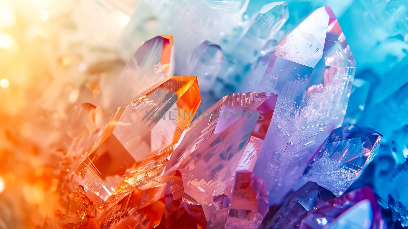 Close-up of multi-colored crystals under gradient lighting, blending warm and cool tones