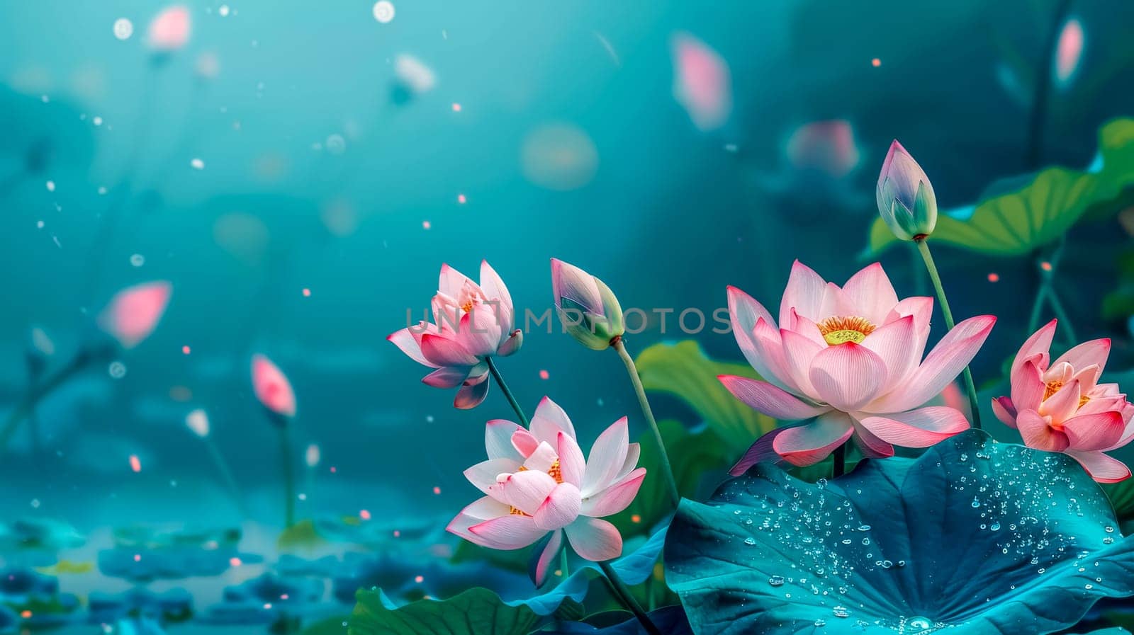 Serene digital art scene of lotus flowers with floating petals during the evening calm