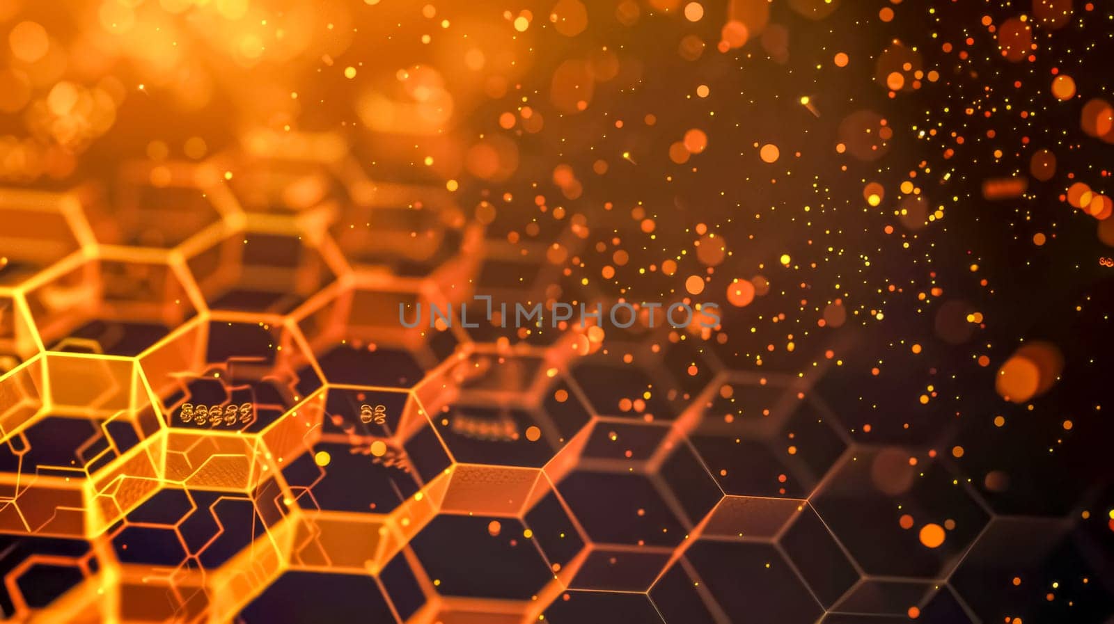 Dynamic orange and gold hexagonal pattern with glowing particles for a futuristic background