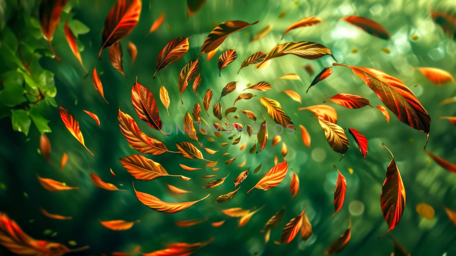 Digital artwork with swirling autumn leaves in a vibrant, spiraling pattern