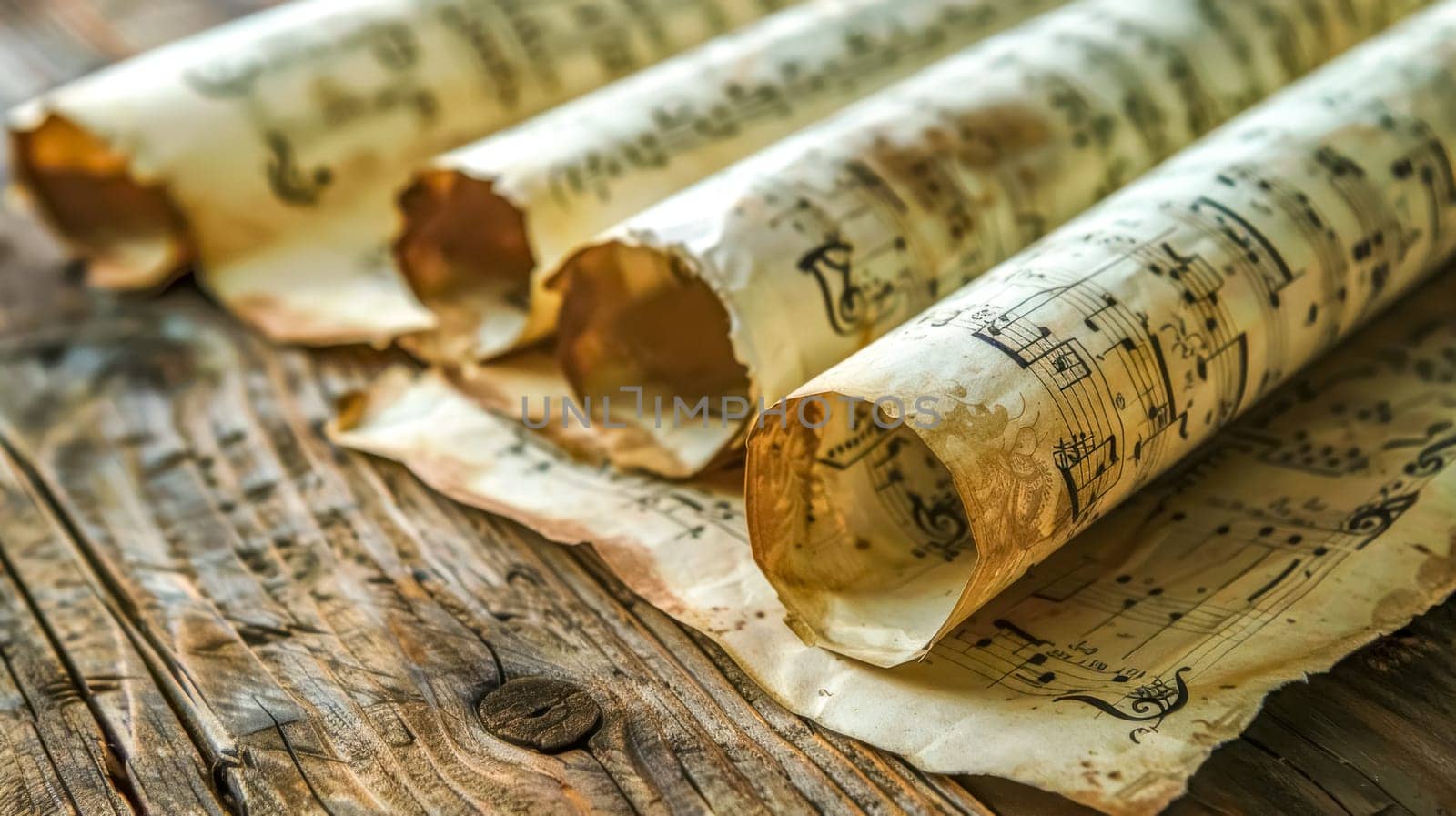 Close-up of aged music sheets rolled up on a rustic wooden background