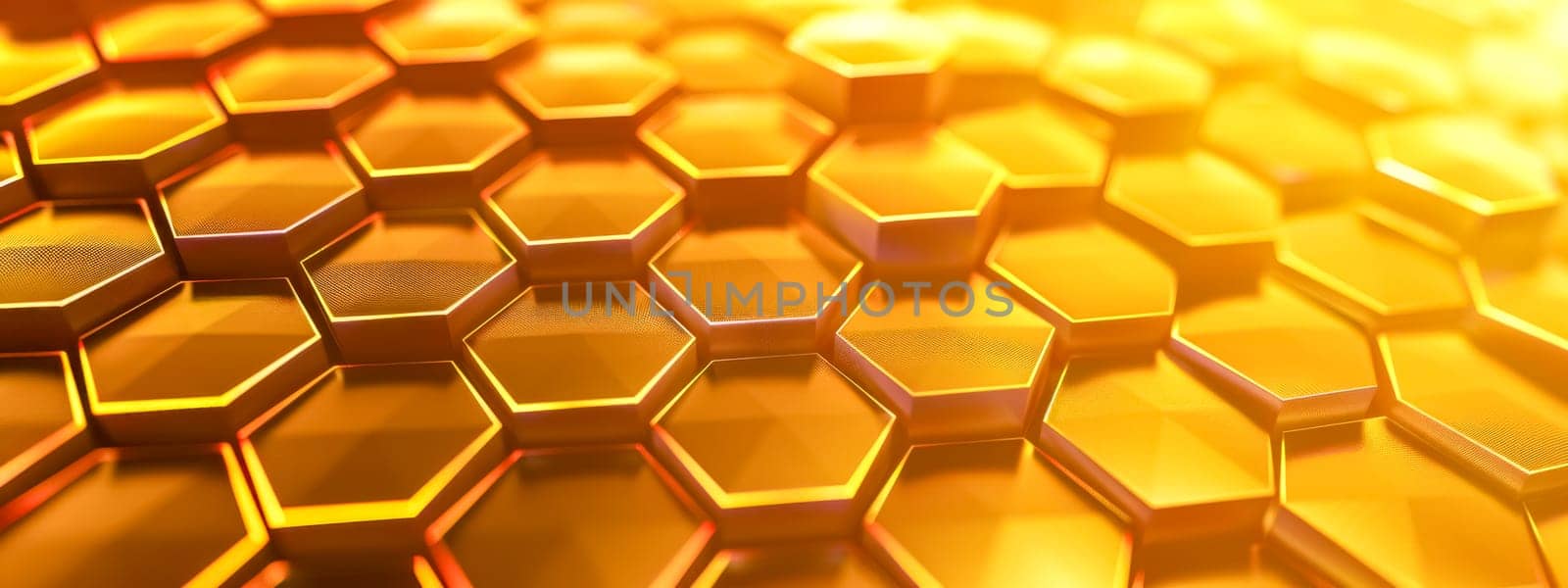 Close-up of a seamless, shiny gold hexagonal texture reflecting light by Edophoto