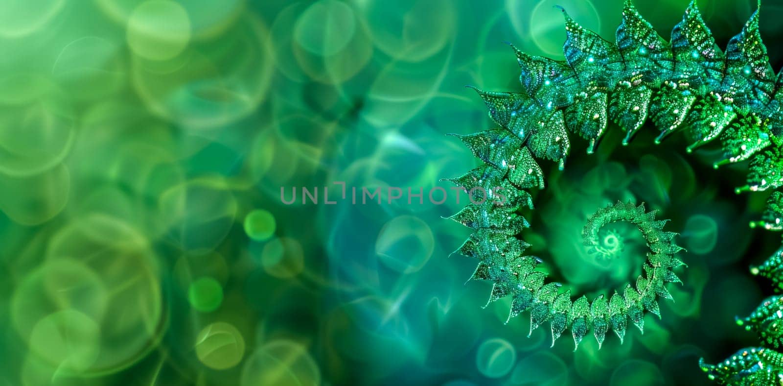 Emerald fractal infinity: abstract green digital art background with mathematical geometry. Infinite spiral pattern. Computer generated bokeh. Vibrant color wallpaper. Modern science artistic backdrop