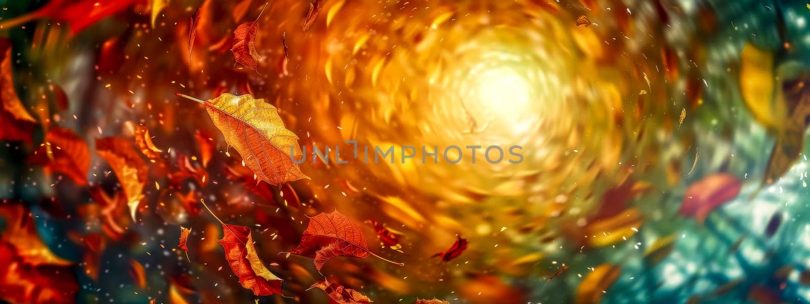 Dynamic swirl of colorful autumn leaves on a vibrant background by Edophoto