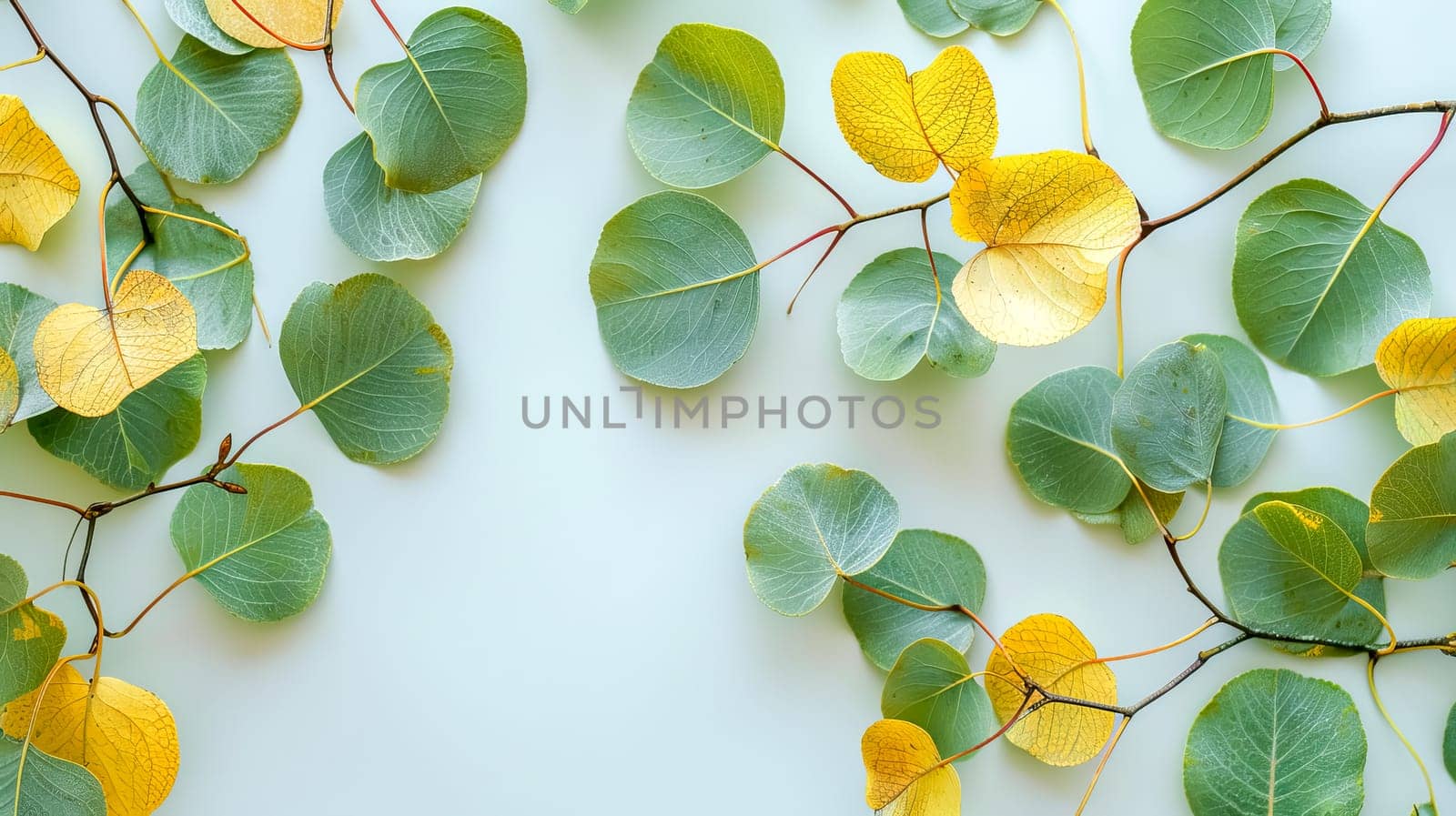 Eucalyptus branches with round leaves arranged on a white background with space for text