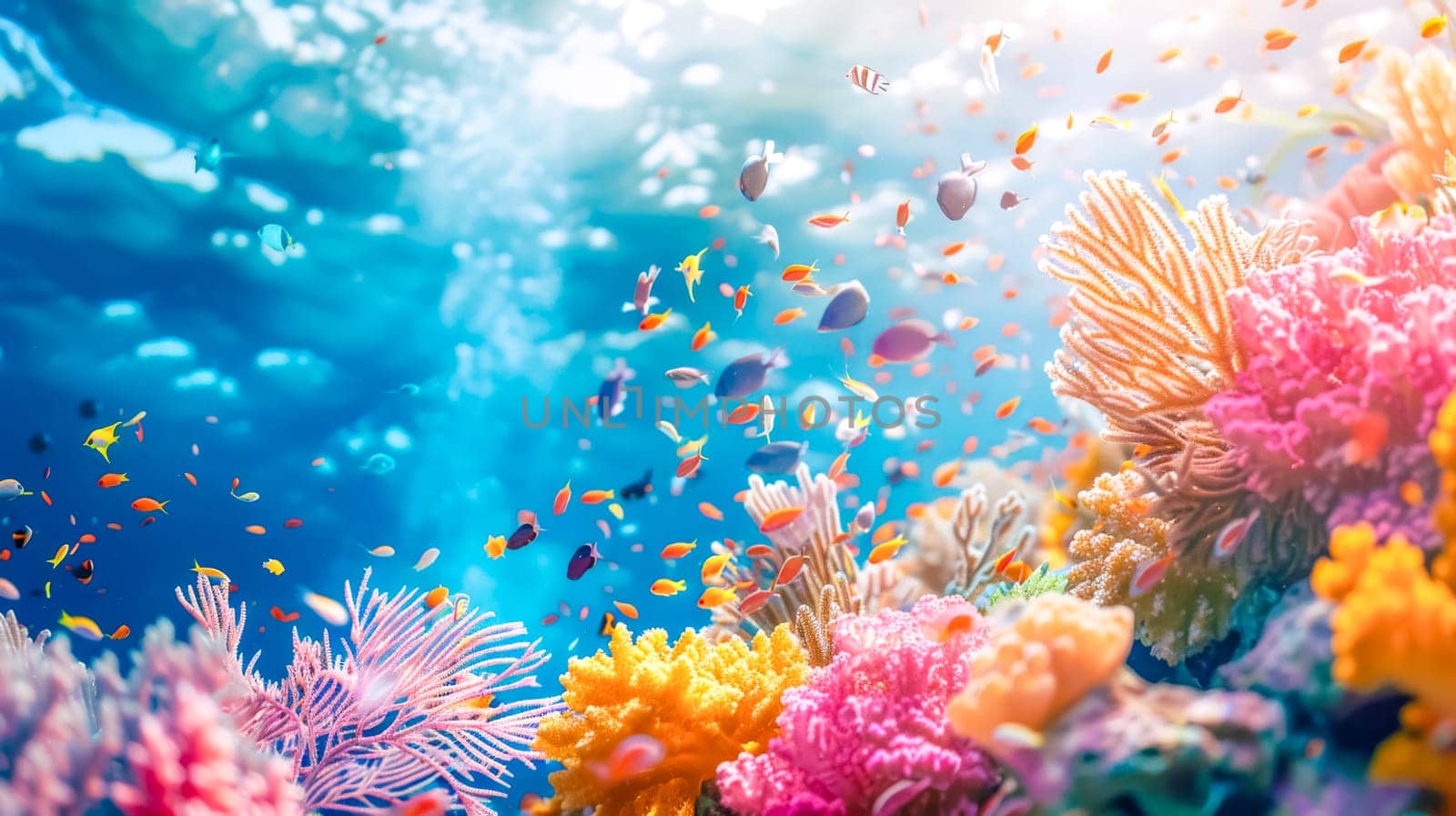 Colorful coral reef bustling with marine life under sunlit water